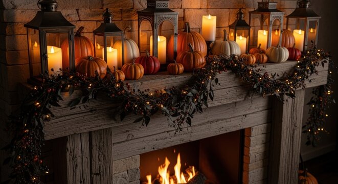 Cozy autumn fireplace mantel with pumpkins candles and garland decor - Powered by Adobe