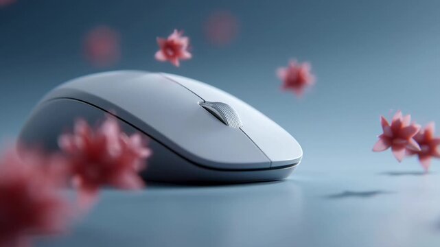 White computer mouse with modern minimal design, surrounded by pink flowers and red virus shapes, technology and health concept, soft blue background