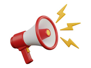 Loud megaphone broadcasting urgent alerts with energetic lightning symbols announcing news transparent background