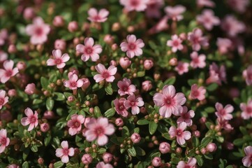 Fototapeta premium Close-Up View of Tiny Pink Blooms and Green Leaves