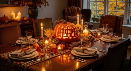 Thanksgiving dinner table setting with pumpkin centerpiece and candles