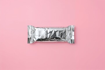 Tasty chocolate candy covered in foil against a pink backdrop, viewed from above