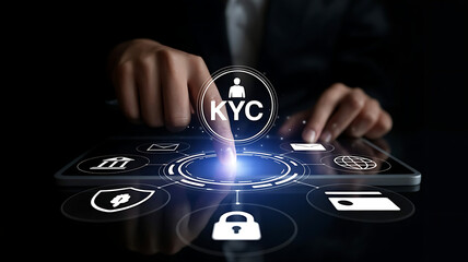 Person interacts with digital KYC interface for identity verification and security.
