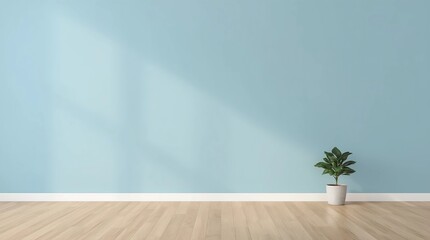 View of sun light cast the shadow on blue empty blue wall and light wood laminate floor with white ceramic vase of green plant. 3D illustration