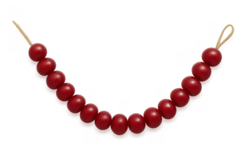 String of red wooden beads hanging on transparent background