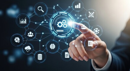 Businessperson touching modern data analytics interface, managing digital transformation strategy for innovative solutions and cloud computing