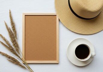 Straw hat and coffee cup with frame and grass isolated on white background