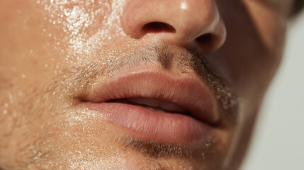 Glossy hydrated lips close up macro shot showing smooth male skin texture with facial hair and natural skin detail in soft lighting