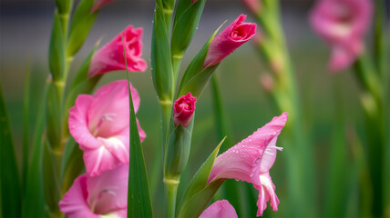 Fototapeta premium A close-up macro photograph of pink gladiolus flowers in full bloom against a soft, blurred green background