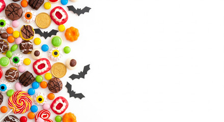 Vibrant assortment of Halloween treats and colorful candies scattered on a white background, perfect for festive celebrations with ample copy space