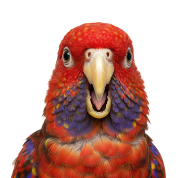 Close-up shot of a crimson rosella parrot with its beak open, showcasing its vibrant feathers.