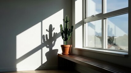 A cactus casts striking shadows in a sunlit indoor setting.