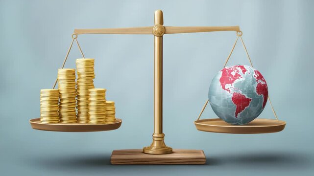 A balance scale with a pile of gold coins on one side and a globe on the other. infographic showing balance scale with emerging market flag and coin stack,emerging market debt clean style