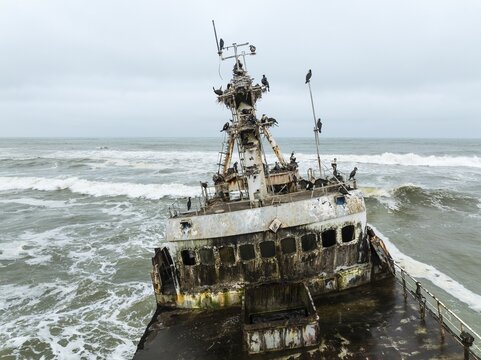 White-breasted Cormorant (Phalacrocorax lucidos). Nesting on the Zeila shipwreck at the Skeleton Coast. Aerial view. Drone shot. Dorob National Park, Namibia