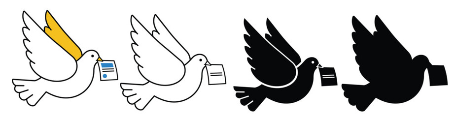 Flying dove carrying envelope vector illustration set