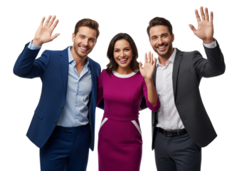 Group of business people waving hands and smiling isolated on white or transparent background