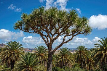 Obraz premium Dracaena draco and palm species growing together in a subtropical environment