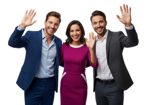 Group of business people waving hands and smiling isolated on white or transparent background