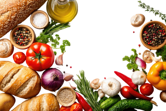 Fresh baked bread and colorful vegetables