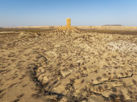 The Vingerklip (rock finger) and the Ugab Valley Terraces are surrounded by thornbush and mopane (Colophospermum mopane) savanna. Aerial view. Drone shot. Damaraland, Namibia