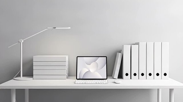 Modern and Minimalist Workspace with Tablet, Lamp, and File Folders on White Desk, perfect for