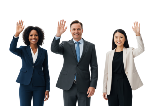 Group of business people waving hands and smiling isolated on white or transparent background