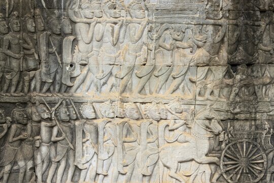 Stone bas-reliefs, Khmer war campaign against the Cham, relief wall, east fa&ccedil;ade, Bayon temple, Angkor Thom, Siem Reap province, Cambodia