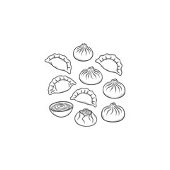 Hand-drawn sketch of a variety of steamed dumplings and fluffy bao buns, served with a small dipping sauce bowl. This detailed illustration is perfect for Asian cuisine menus, dim sum themes, and food