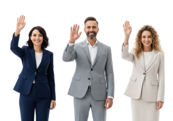 Group of business people waving hands and smiling isolated on white or transparent background