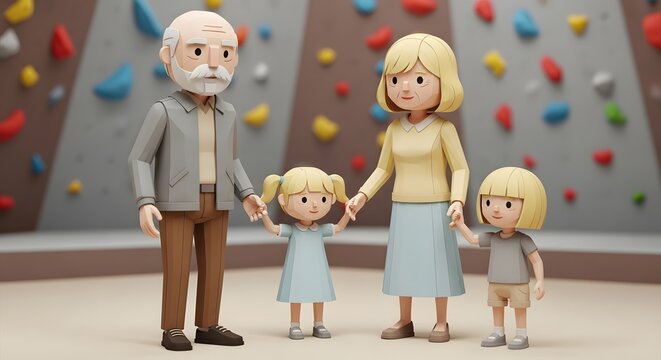 A multigenerational family, including grandparents and young children, stands together in front of a colorful climbing wall, symbolizing shared activities and family bonding - Powered by Adobe