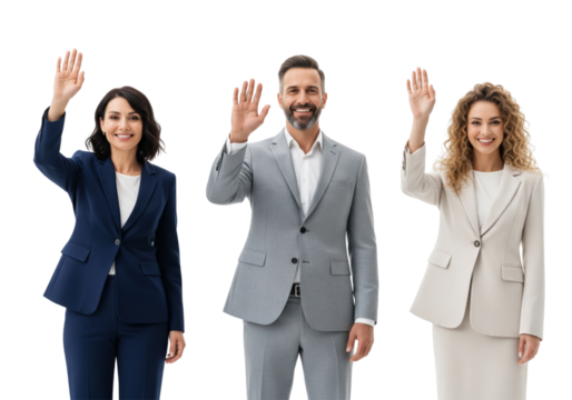 Group of business people waving hands and smiling isolated on white or transparent background