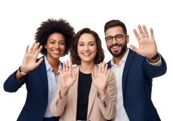Group of business people waving hands and smiling isolated on white or transparent background