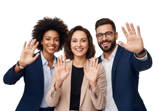 Group of business people waving hands and smiling isolated on white or transparent background