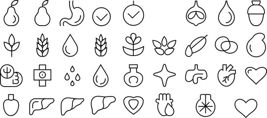 Minimal flat vector medical and healthcare symbols, colorful outline style, perfect for hospital, clinic, pharmaceutical, and wellness branding, ICONS