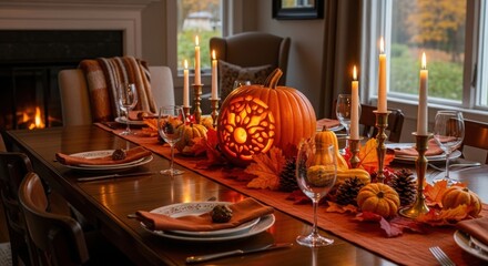 Thanksgiving dinner table setting with pumpkin and candles glowing