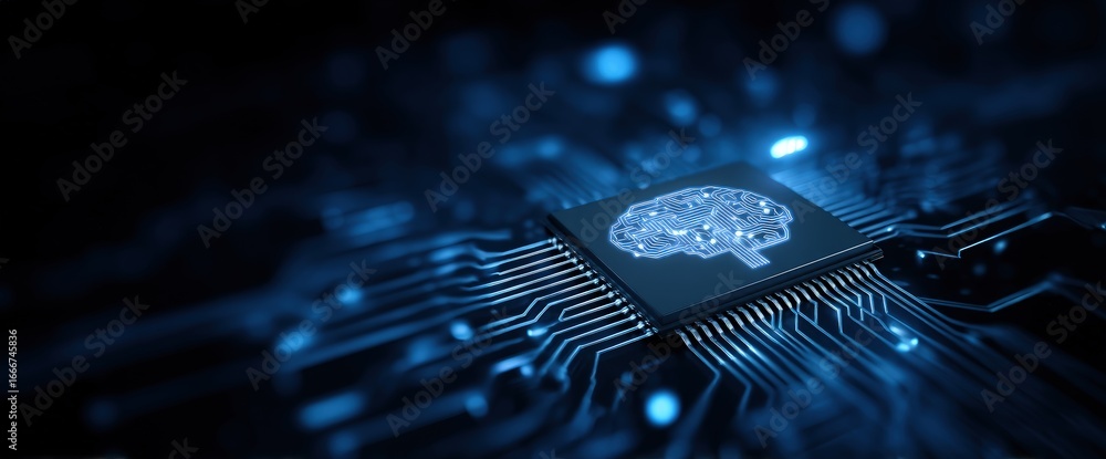Poster ai processor chip glowing with digital brain circuit on futuristic motherboard, symbolizing artifici