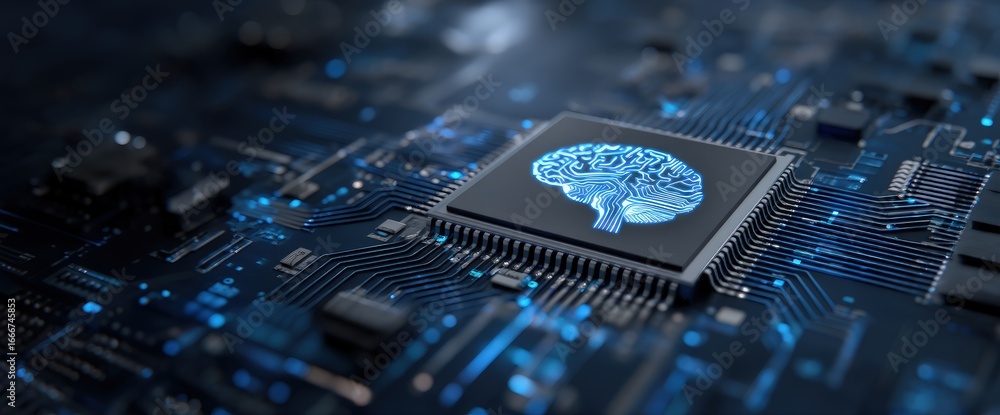 Poster ai processor chip with glowing brain design on advanced digital motherboard, representing artificial