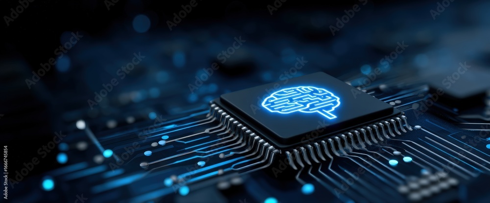 Poster futuristic ai processor chip glowing with brain circuit design on digital motherboard, symbolizing a