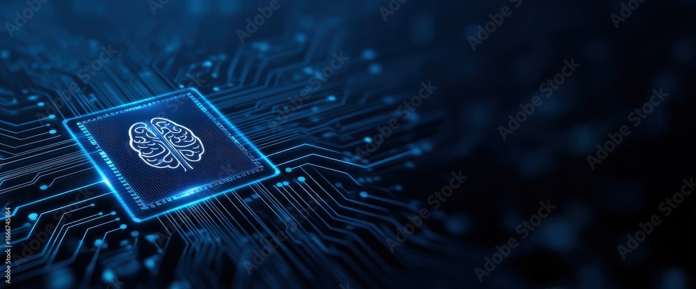Poster glowing ai processor chip with futuristic brain design on blue digital motherboard, representing art
