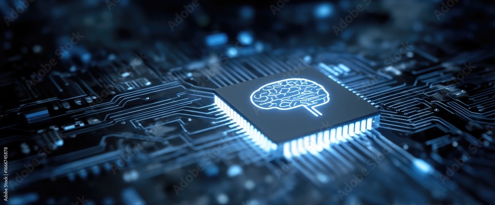 Poster glowing ai microchip with brain circuit pattern on futuristic digital motherboard, symbolizing artif