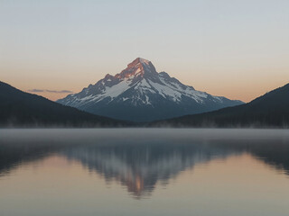 Snow-Capped Mountain Peak Reflected in a Calm Lake at Sunset