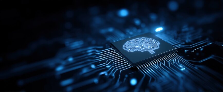 AI processor chip glowing with digital brain circuit on futuristic motherboard, symbolizing artificial intelligence, neural networks, machine learning, cloud computing, automation, modern technology