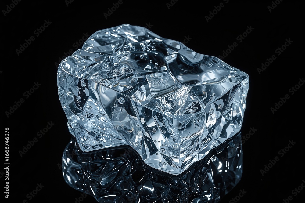 Poster transparent textured ice cube on a dark backdrop with clipping path.