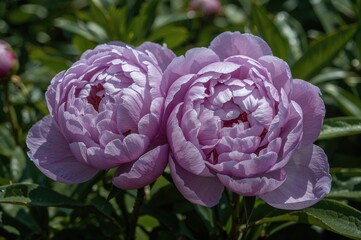 Obraz premium Detailed view of purple and pink tree peony blossoms against lush greenery