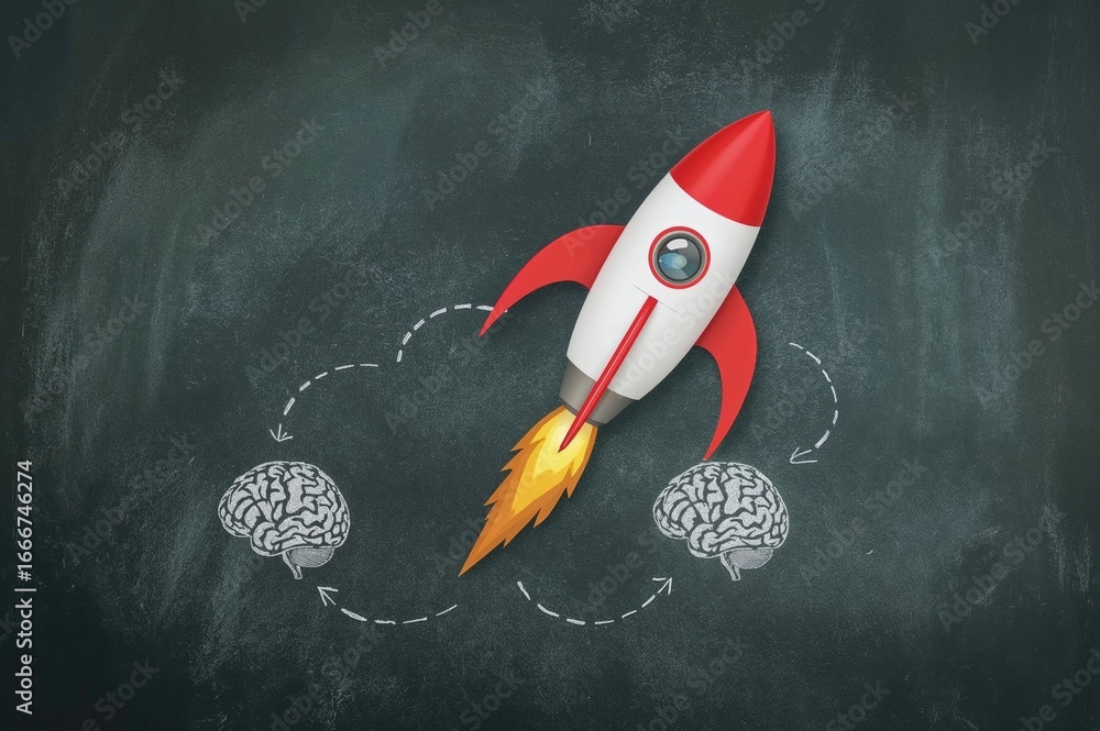 Poster creative concept of a rocket startup and brain on a blackboard symbolizing brainstorming and thinkin