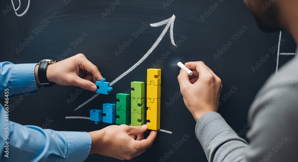 Poster hands collaborating to build puzzle bar graph and draw growth arrow