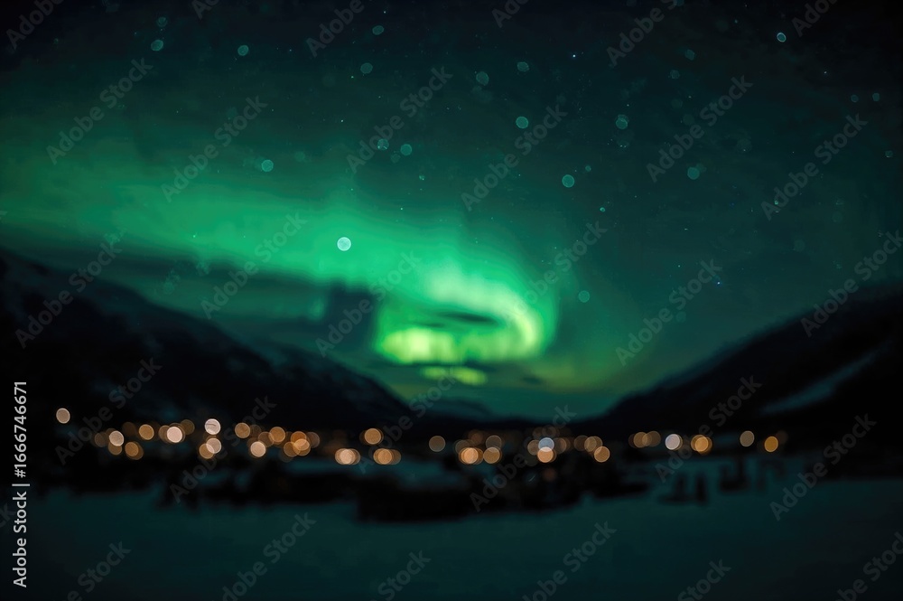 Poster blurred backdrop featuring sparkling bokeh and luminous auroras against a dark sky over a small comm
