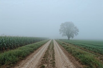 Naklejka premium Foggy morning on a dirt path winding through vast cornfields in a peaceful rural setting