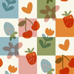 Cotton fabric Seamless pattern with cherries strawberries retro checkered colorful floral squares whimsical hearts bold summer fruit playful geometric style for kids fabric textile and cheerful home projects