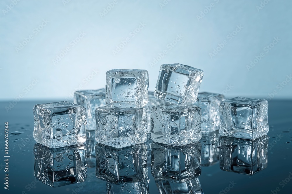 Poster transparent ice cubes resting on a reflective surface with room for text